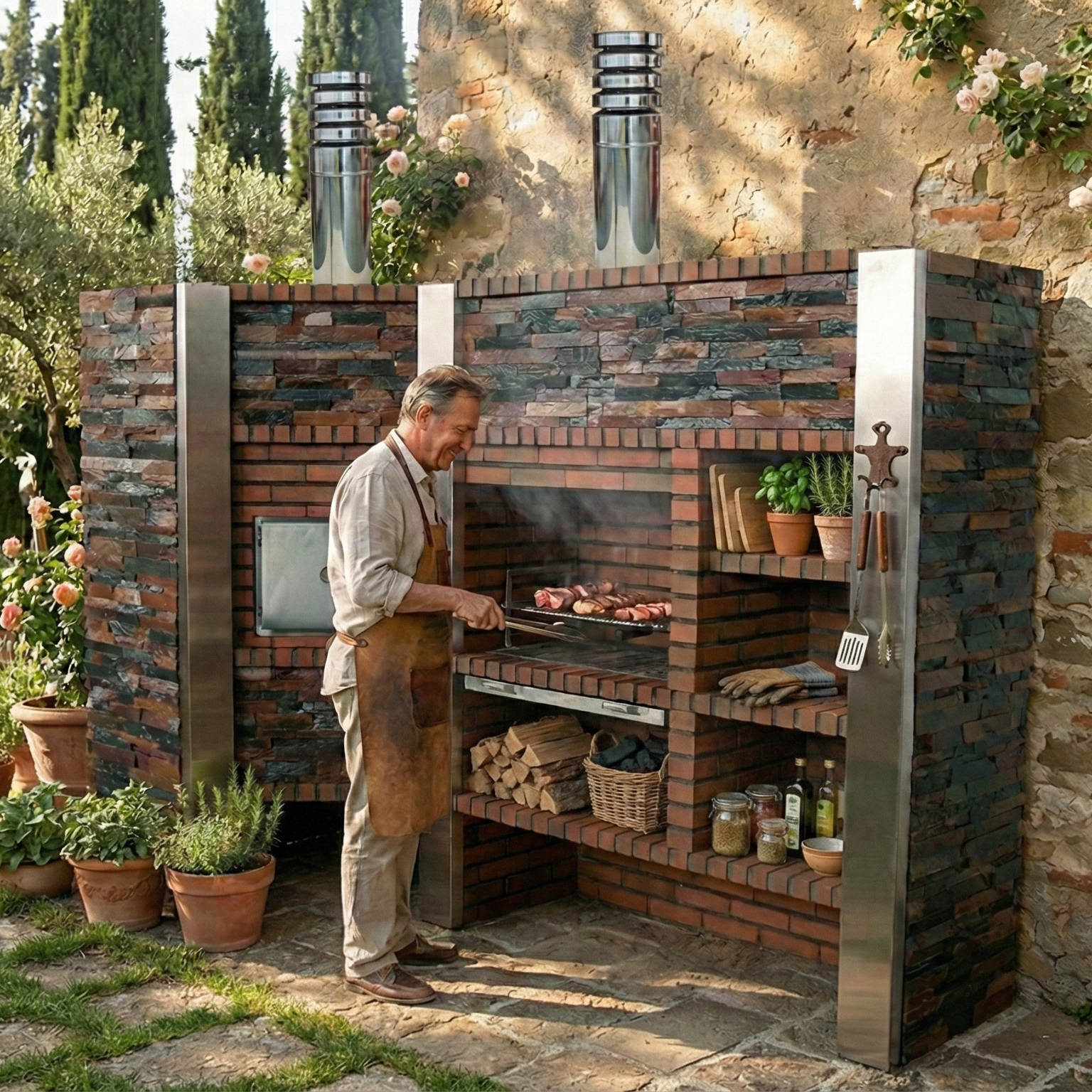 Inoxa 408 (Serie 400) – Cocina de exterior de esquina con horno Ø75, parrilla de acero inoxidable 80×38 y encimera de gres