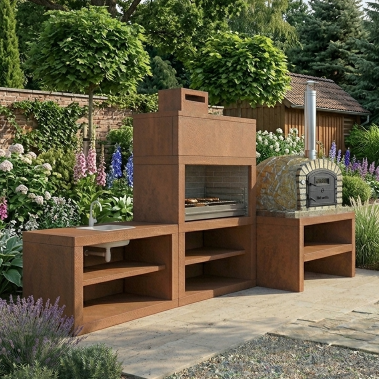 Línea 71F – Cocina exterior modular con parrilla 80 cm + banco para horno 100×100 (fregadero opcional)