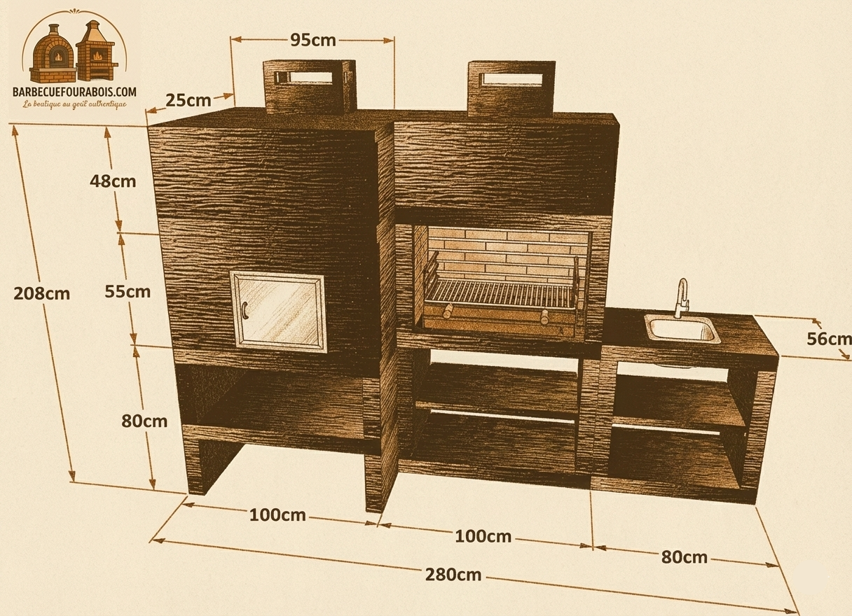 Línea 41F – Cocina modular para exterior con horno Ø80 cm y fregadero opcional (80 cm)