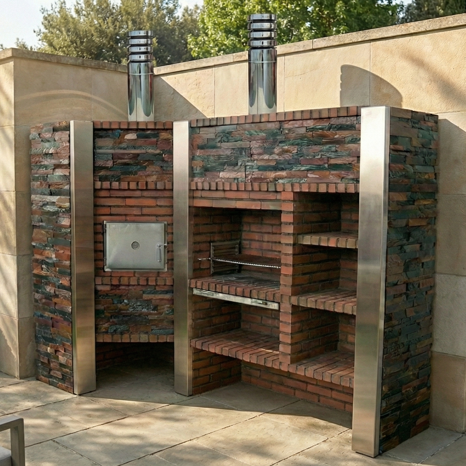Inoxa 408 (Serie 400) – Cocina de exterior de esquina con horno Ø75, parrilla de acero inoxidable 80×38 y encimera de gres