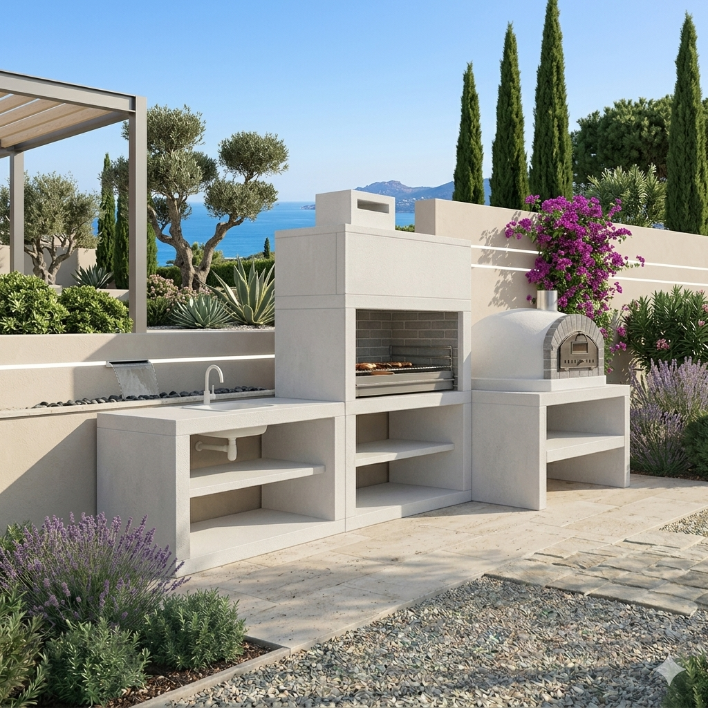 Línea 71F – Cocina exterior modular con parrilla 80 cm + banco para horno 100×100 (fregadero opcional)