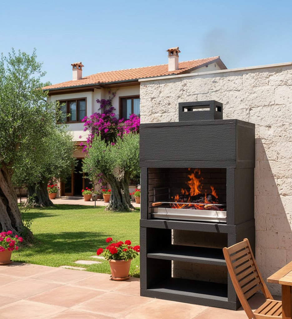 Línea 25 – Barbacoa moderna de diseño (4 colores) con parrilla de acero de 80 cm incluida