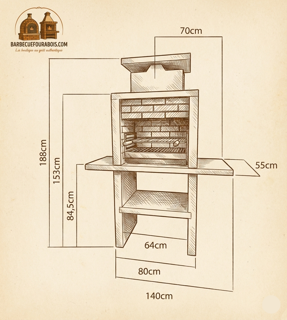 Nexa 605 – Barbacoa de piedra con hogar de ladrillo, parrilla de 60×40 cm (acero inoxidable opcional)