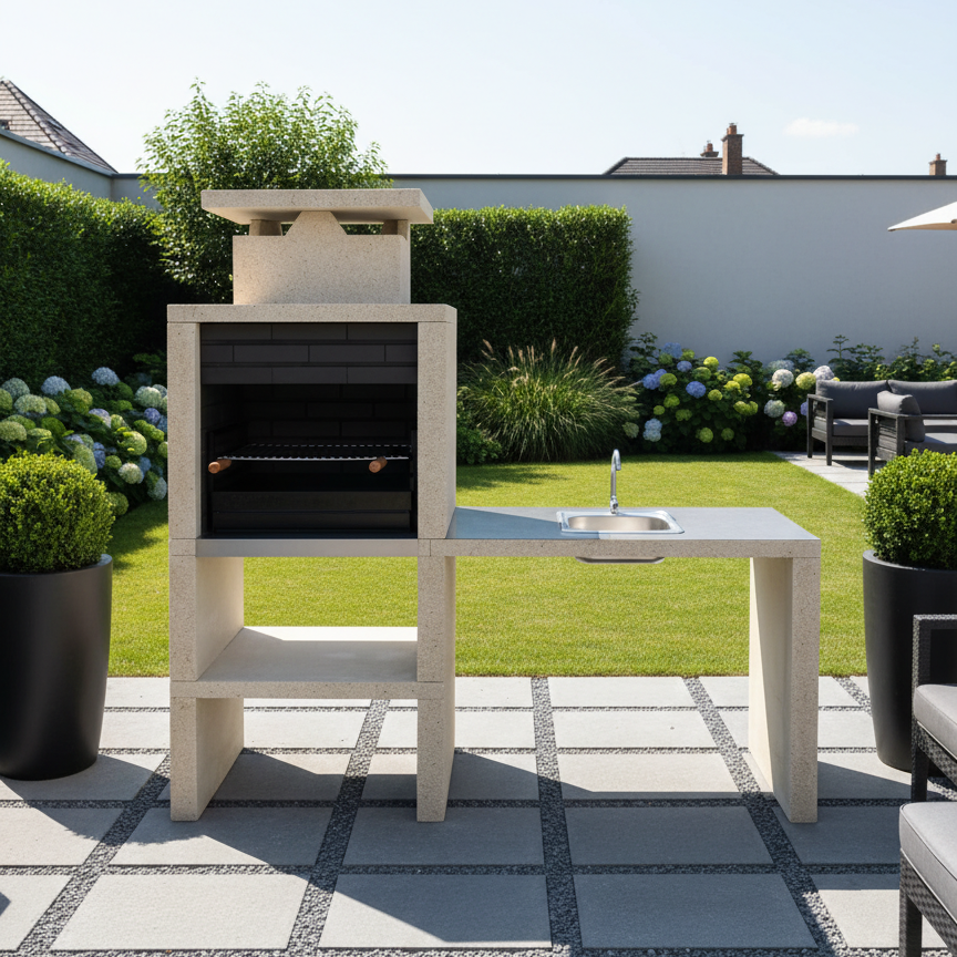 Nexa 610 – Barbacoa moderna con fregadero (lado a elegir) y plancha de acero inoxidable – parrilla 60×40 (acero inoxidable opcional)