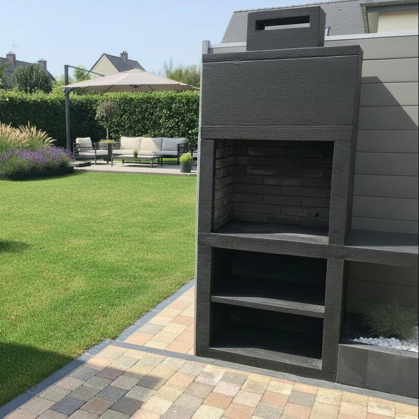 Línea 15 – Barbacoa moderna con balda lateral (4 colores) – parrilla de acero de 60 cm incluida