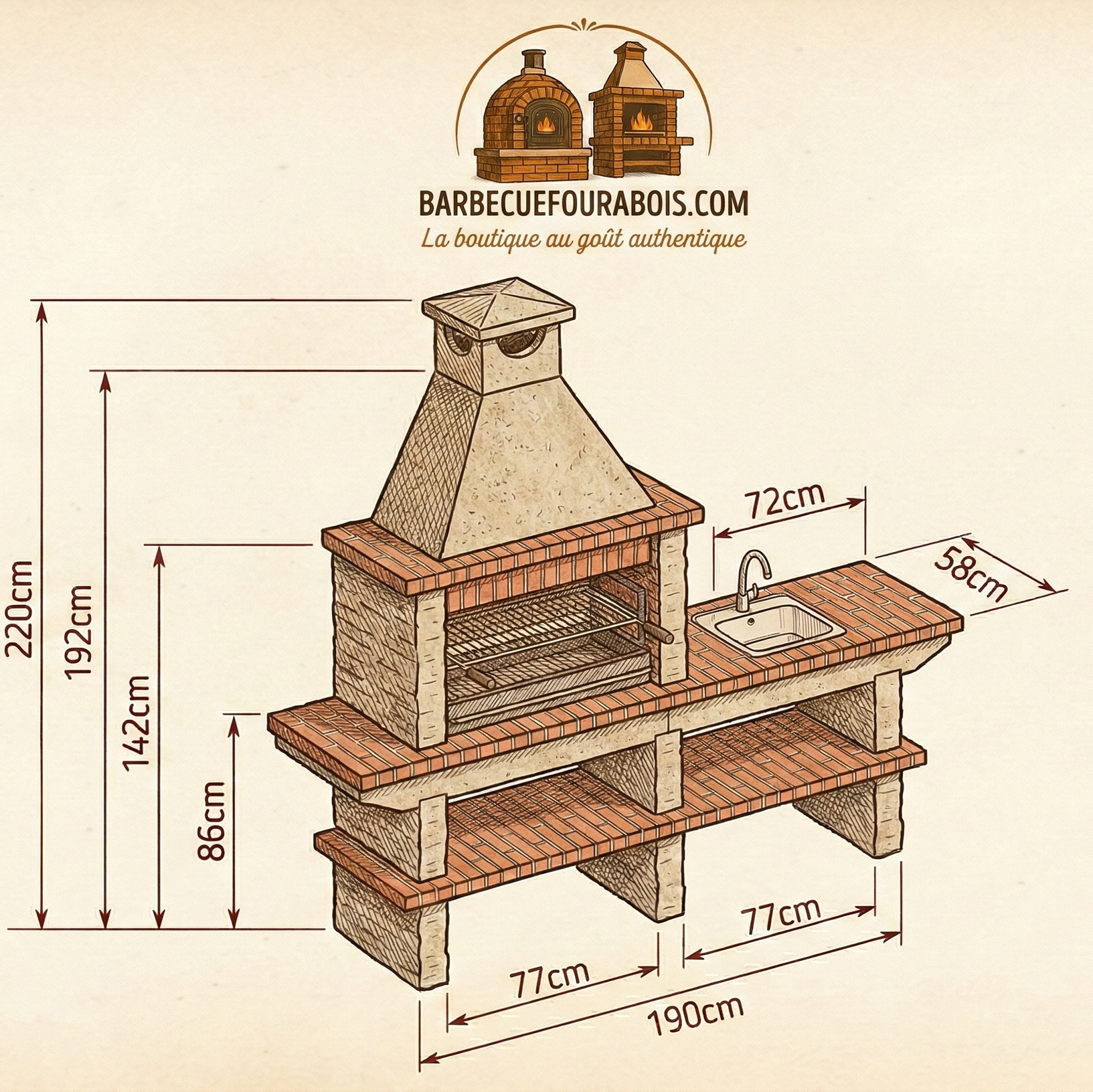 Basalto 380 – Barbacoa de piedra reconstituida de esquisto con extensión – Parrilla 80 cm (Gris o Marrón) – Fregadero de acero inoxidable opcional