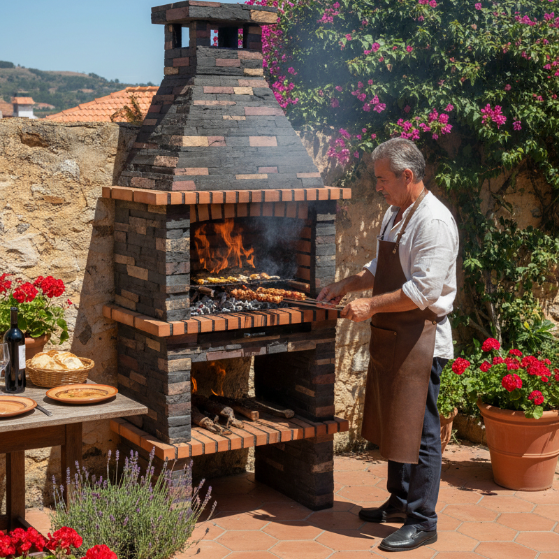 Rustika 201 – Barbacoa de piedra reconstruida (96×87×238 cm) con parrilla de 60×38, 3 niveles (acero inoxidable opcional)