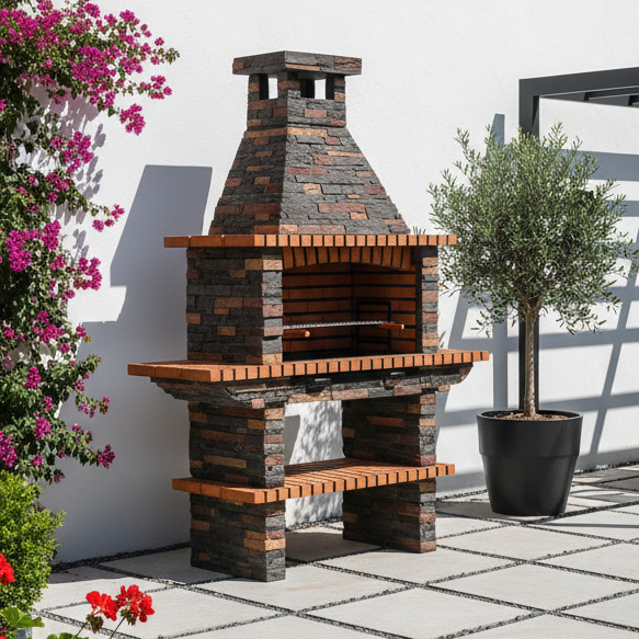 Rustika 204 – Barbacoa de piedra reconstruida y ladrillos con parrilla de 80×38 cm (acero inoxidable opcional)
