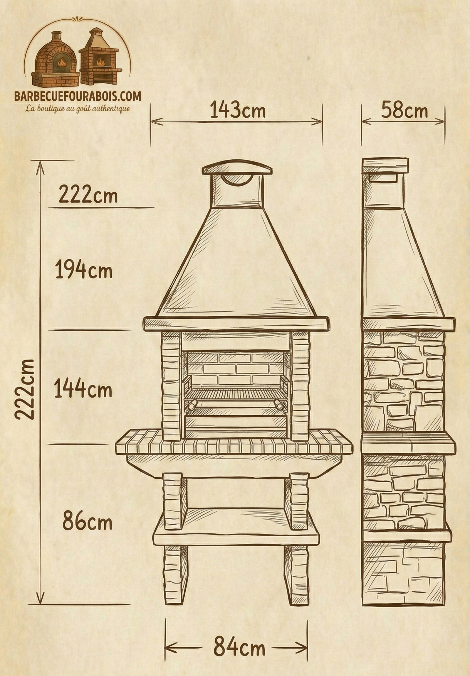 Basalto 260 – Barbacoa de piedra reconstituida de pizarra con estantes laterales (Gris o Marrón) – Parrilla de 60 cm