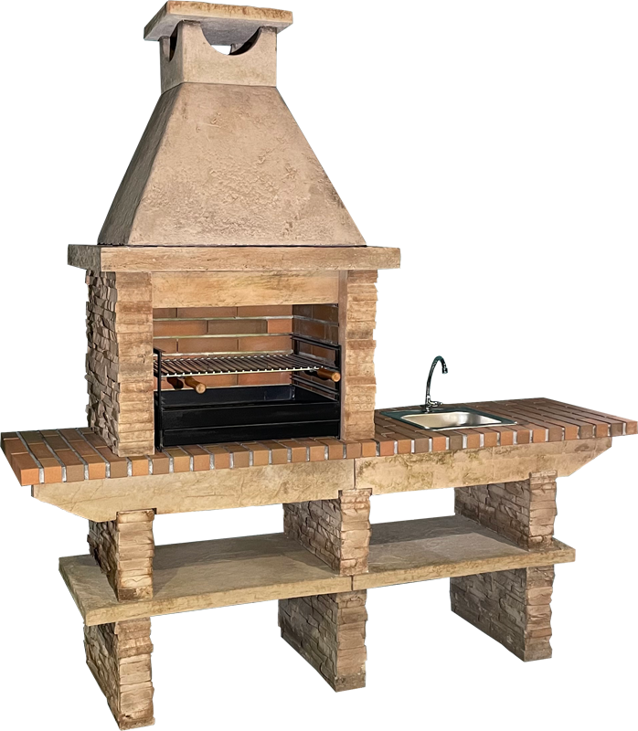Basalto 360 – Barbacoa de piedra reconstituida de esquisto con fregadero + grifo de acero inoxidable – Parrilla de 60 cm (Gris o Marrón)