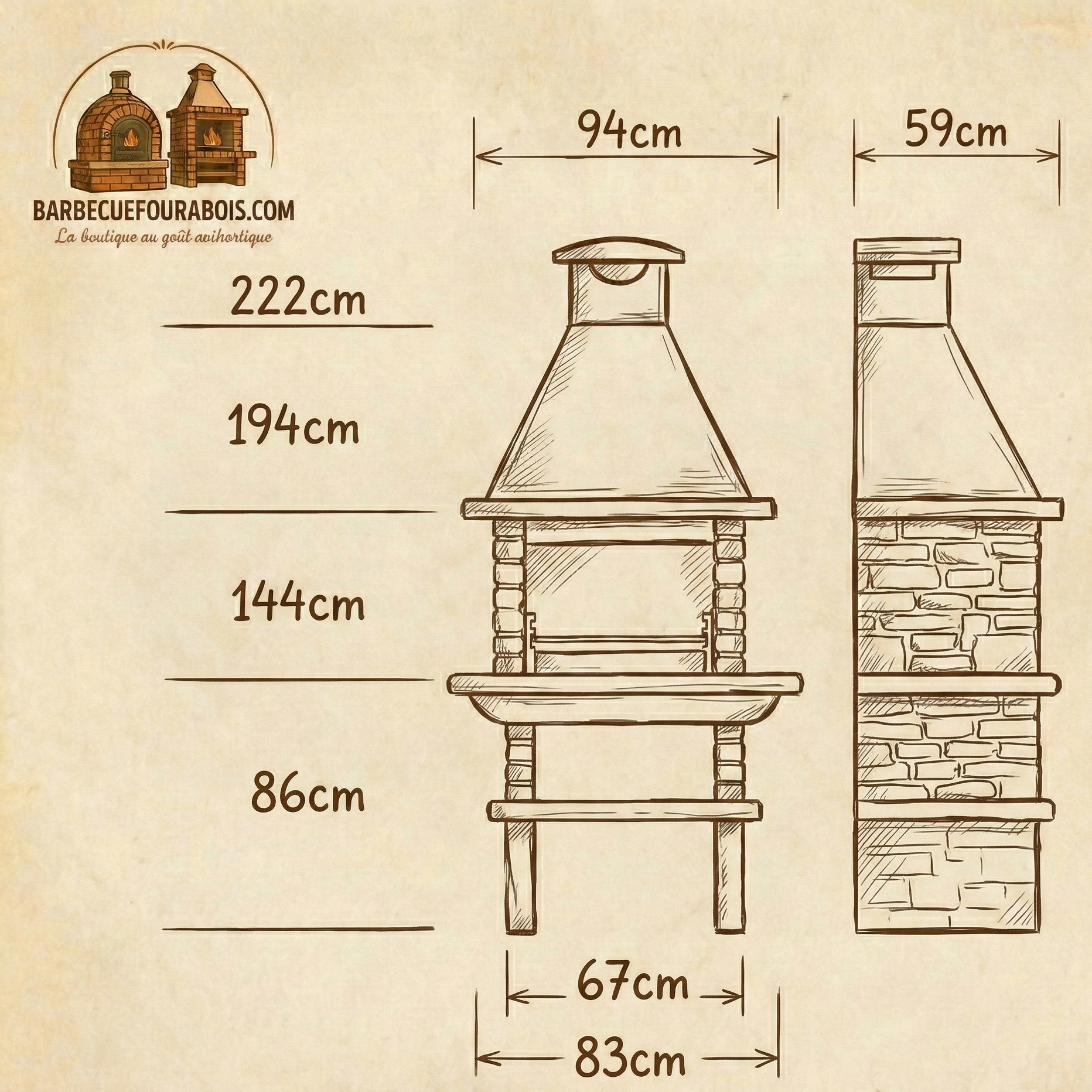 Basalto 160 – Barbacoa de piedra reconstituida imitación pizarra (Gris o Marrón) – Parrilla de 60 cm