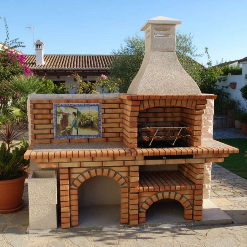 Calabria 502 – Barbacoa de ladrillo con encimera (lado a elegir) – mural incluido (fregadero + parrilla de acero inoxidable opcionales)