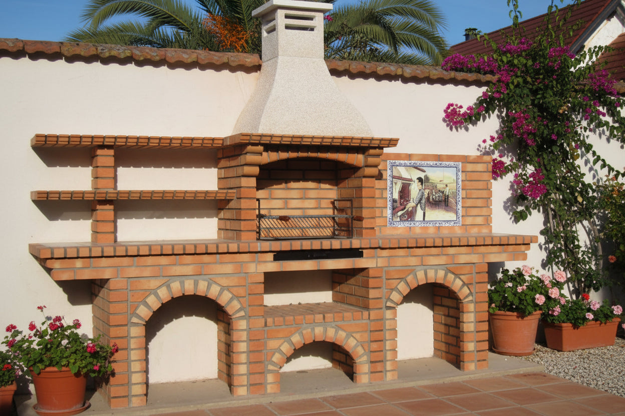 Calabria 601 – Barbacoa de obra de ladrillo con 2 mesas (estantes + fregadero opcionales) – incluye mural