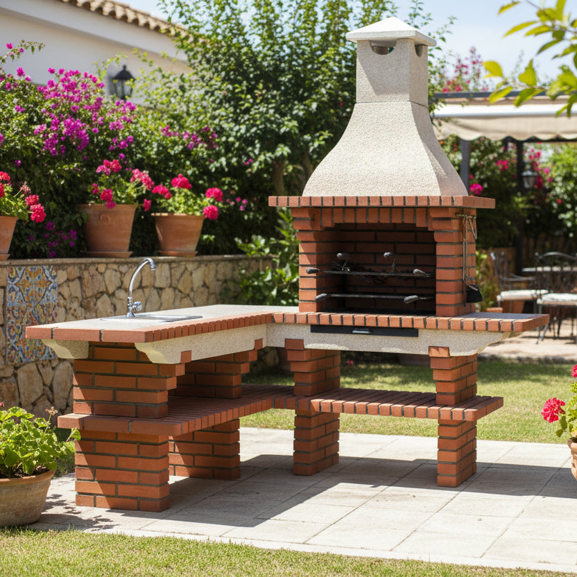Barbacoa de ladrillo y piedra reconstituida Calabria 700 esquinera 190x190 cm - fregadero opcional