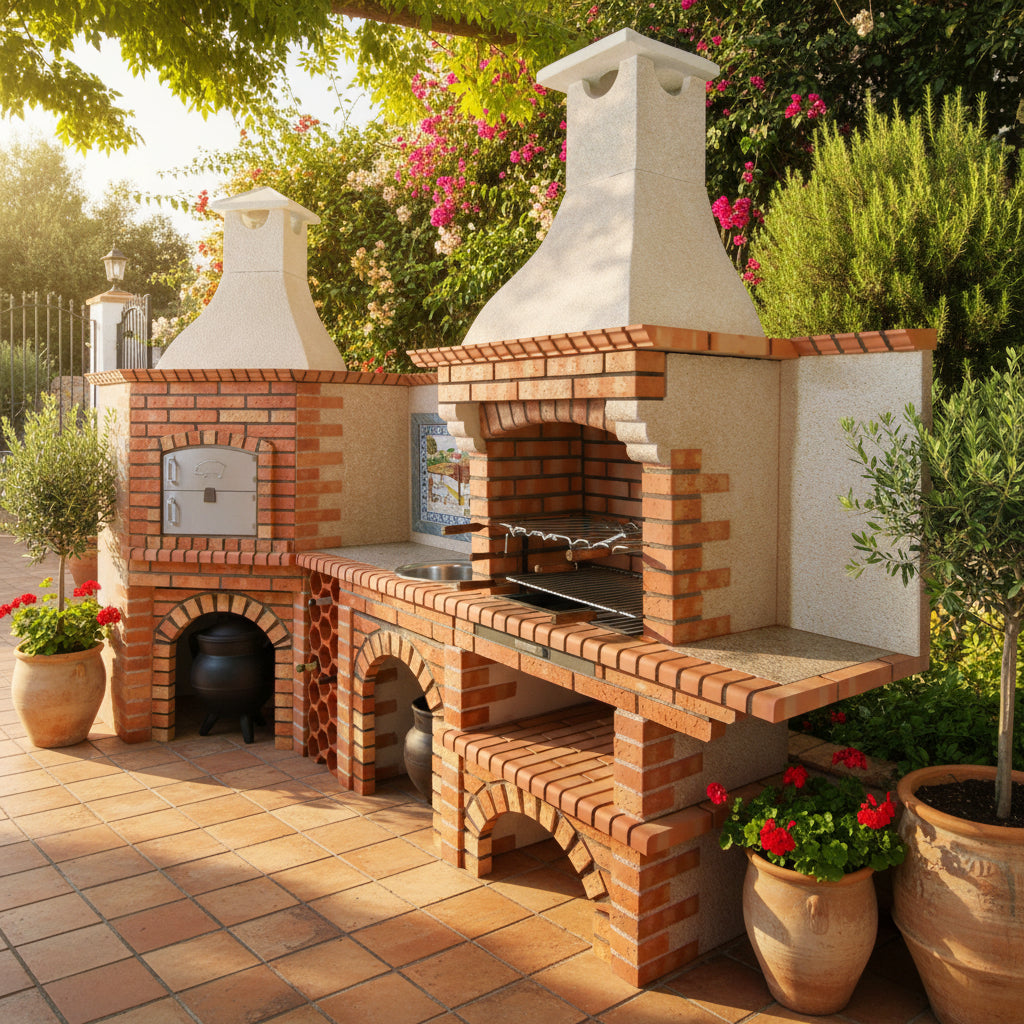 Calabria 1008 – Horno de pizza esquinero con barbacoa y fregadero de acero inoxidable – 350x114 cm