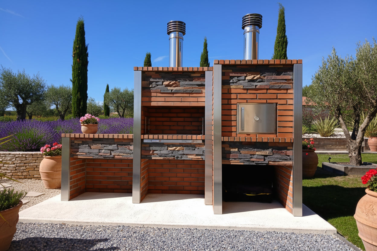 Inoxa 307 – Cocina exterior premium de piedra reconstituida con horno Ø75 cm + barbacoa 80×38 y encimera de gres