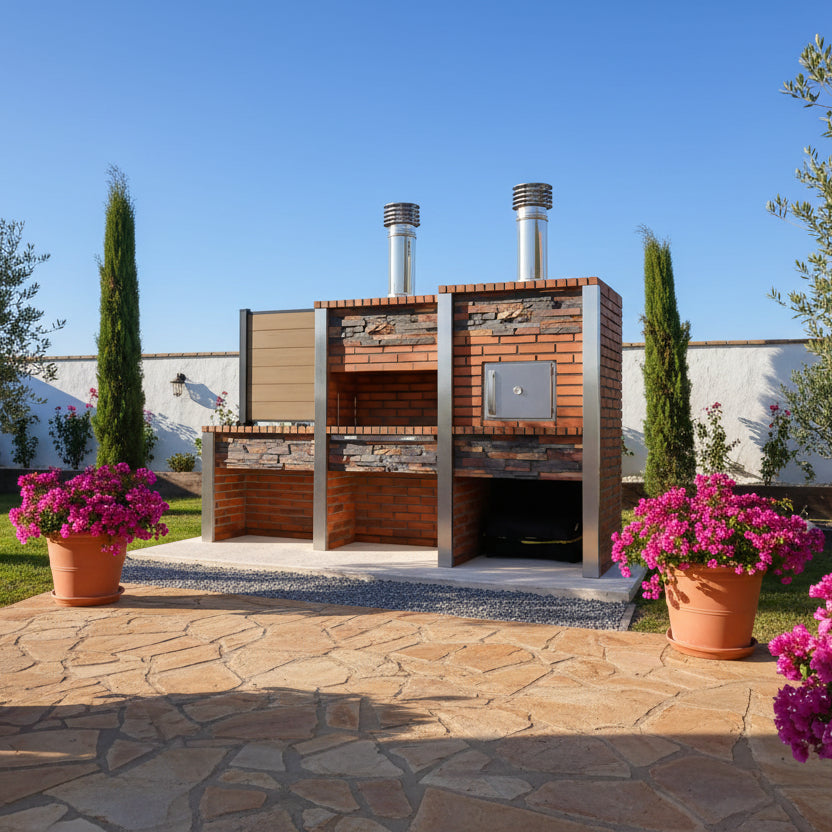 Inoxa 307 – Cocina exterior premium de piedra reconstituida con horno Ø75 cm + barbacoa 80×38 y encimera de gres