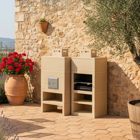 Línea 10F – Barbacoa moderna + Horno de leña Ø80 cm (parrilla de acero de 60 cm incluida)