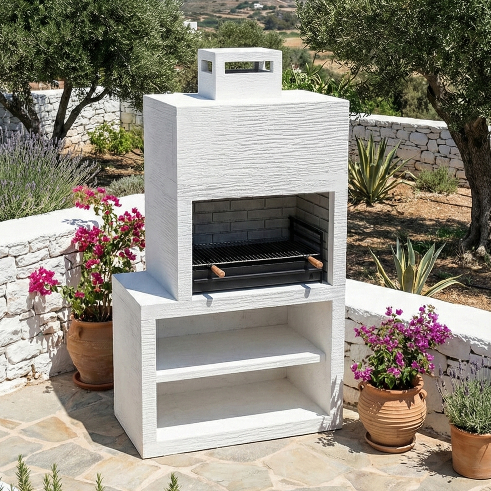 Línea 13 – Barbacoa moderna con módulo lateral (4 colores) – parrilla de acero de 80 cm incluida