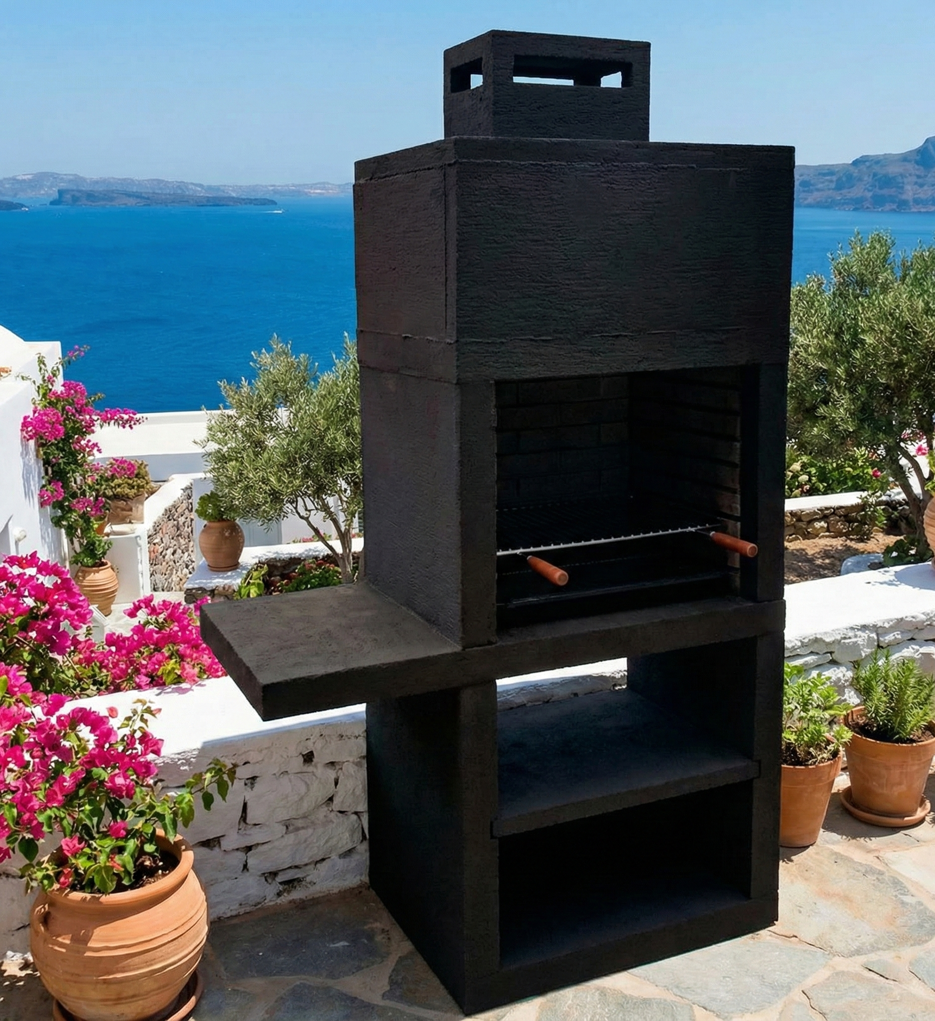 Línea 15 – Barbacoa moderna con balda lateral (4 colores) – parrilla de acero de 60 cm incluida