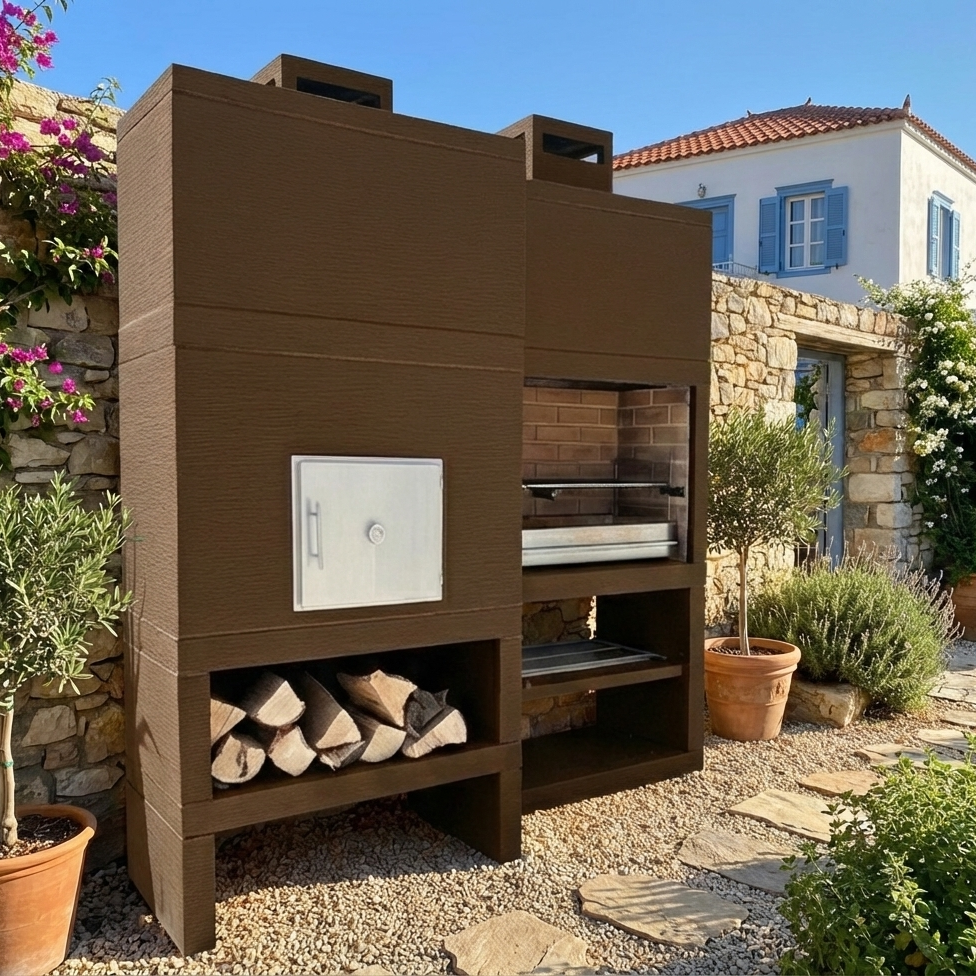 Línea 25F – Barbacoa moderna + Horno de leña Ø80 cm (kit de aislamiento incluido) – parrilla de acero 80 cm