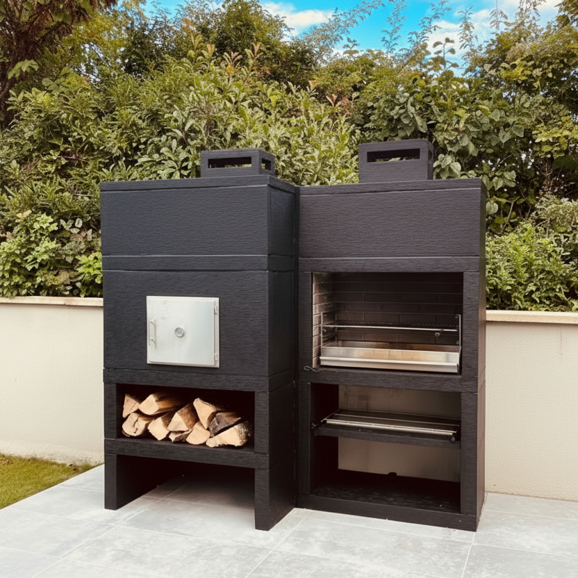 Línea 25F – Barbacoa moderna + Horno de leña Ø80 cm (kit de aislamiento incluido) – parrilla de acero 80 cm