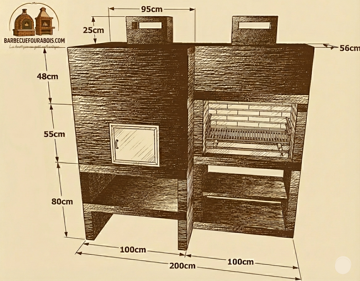 Línea 25F – Barbacoa moderna + Horno de leña Ø80 cm (kit de aislamiento incluido) – parrilla de acero 80 cm