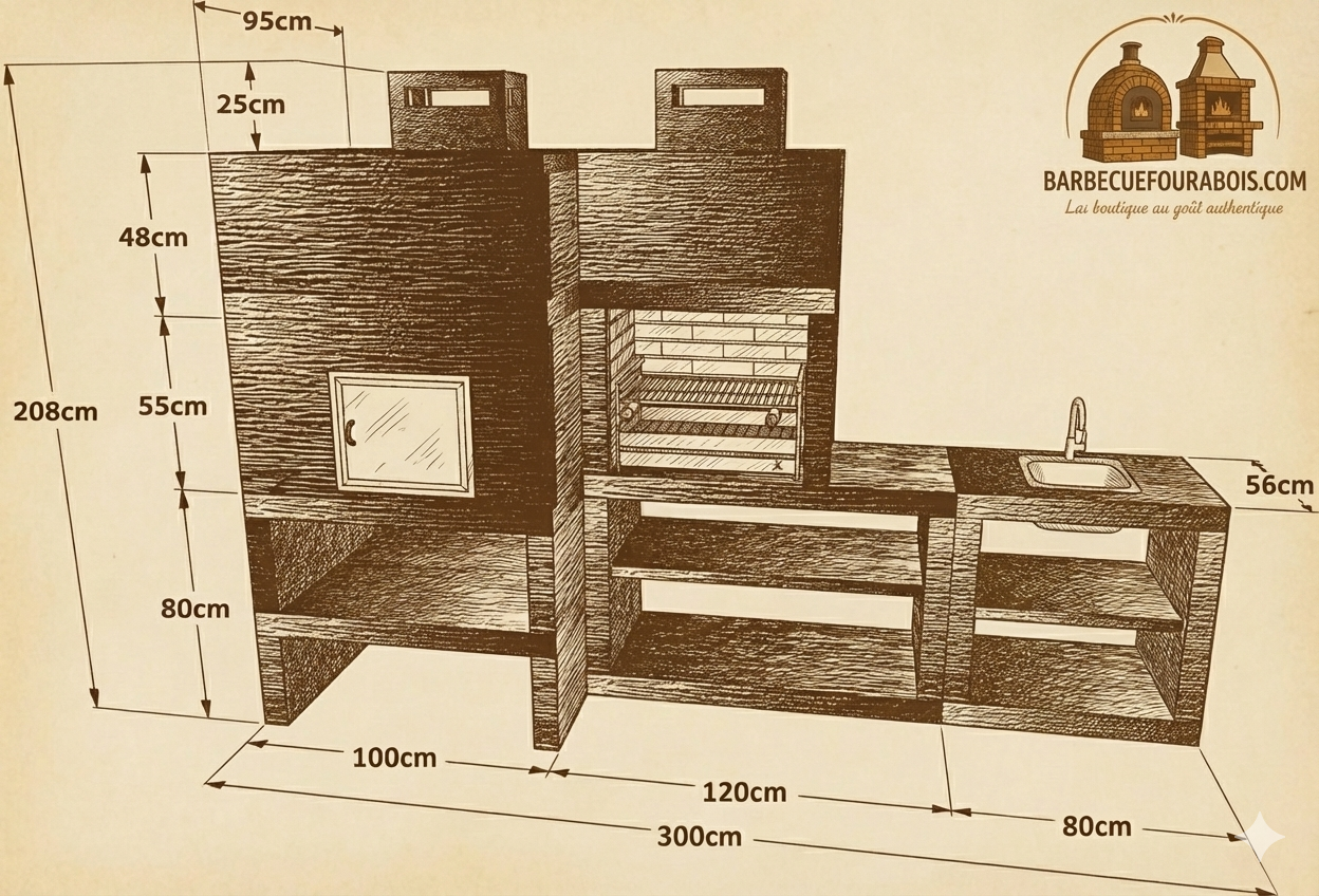 Línea 30F – Cocina exterior modular con Horno Ø80 cm, Parrilla 60 cm y módulo fregadero (opcional)