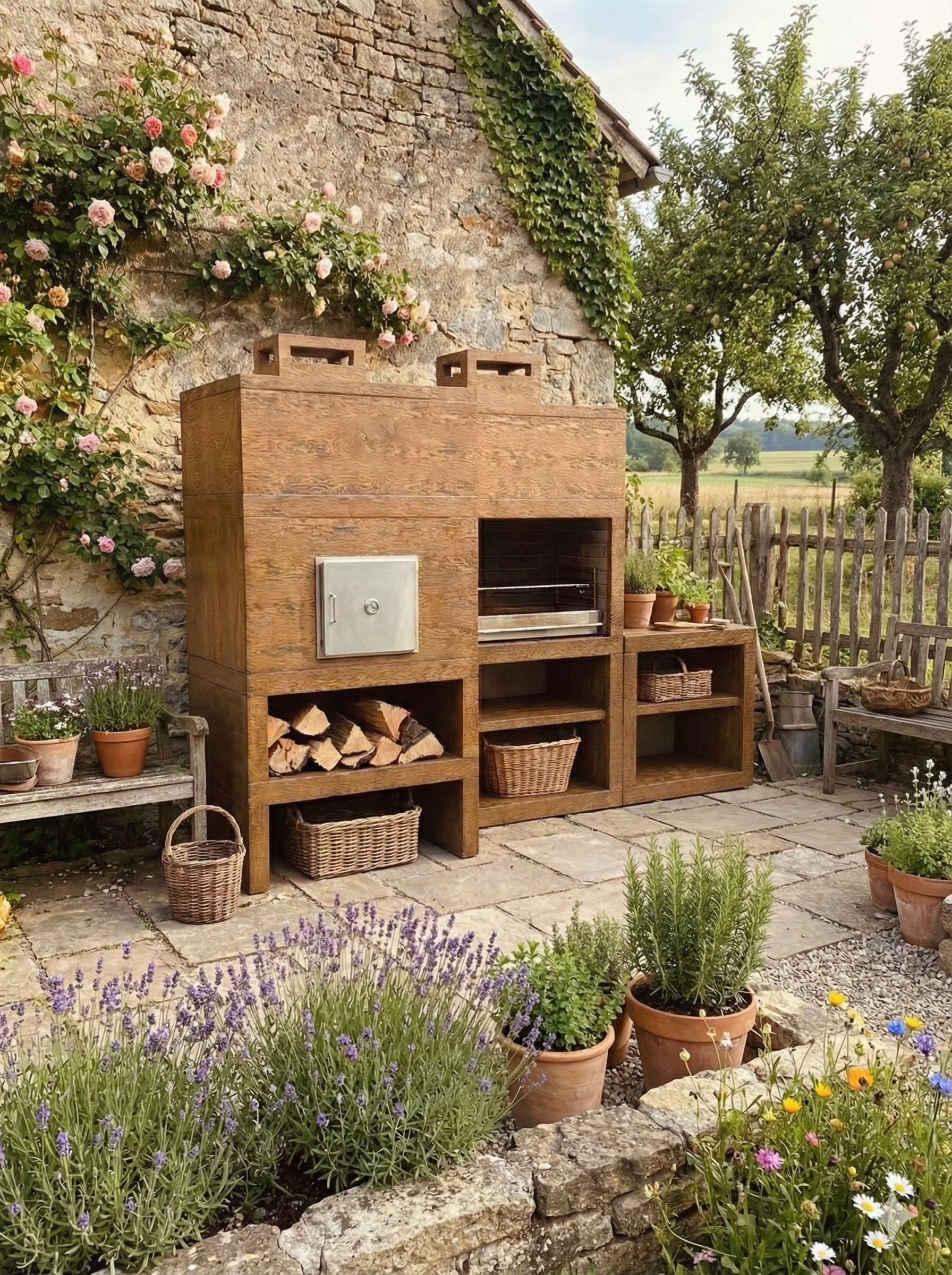 Línea 41F – Cocina modular para exterior con horno Ø80 cm y fregadero opcional (80 cm)