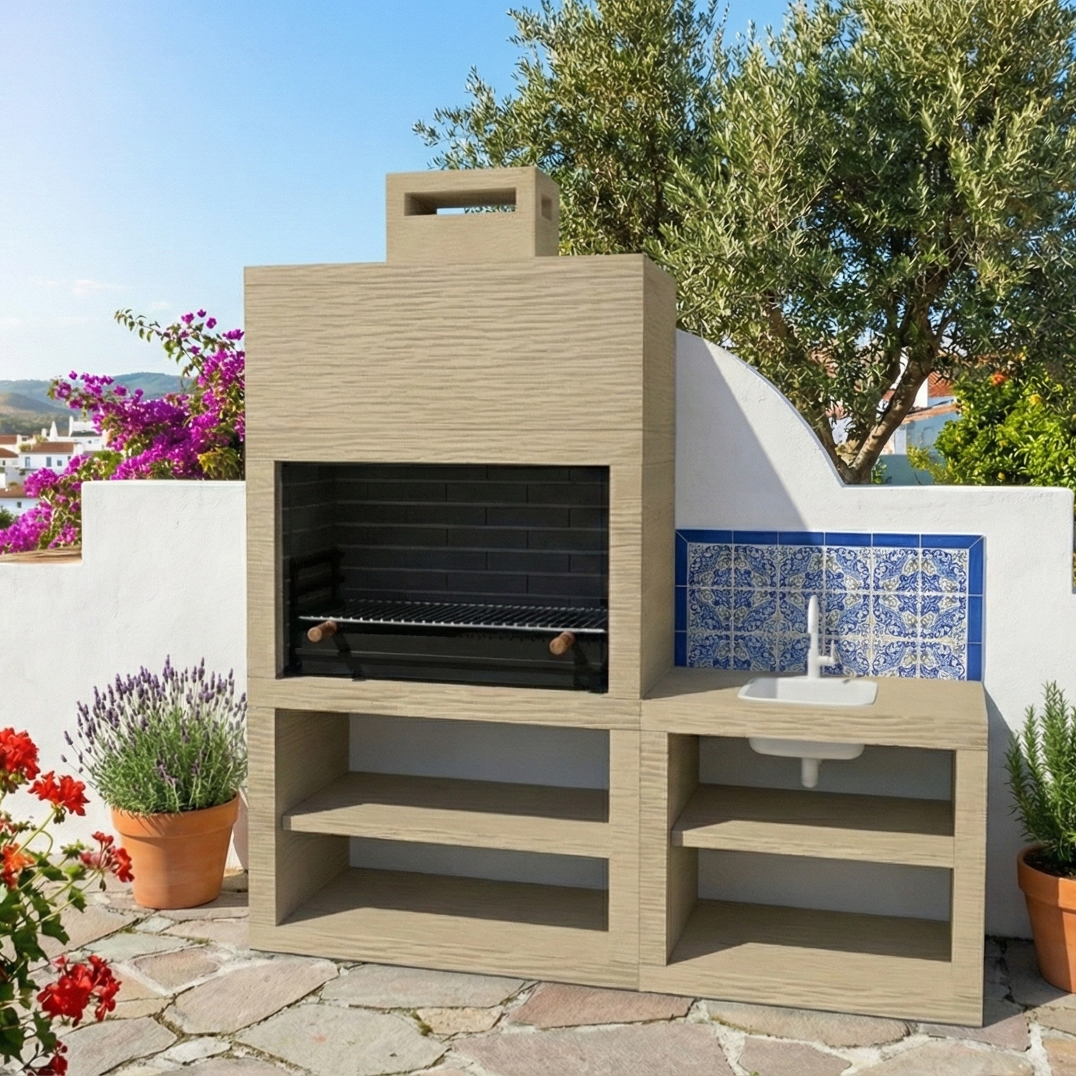 Línea 42 – Cocina exterior moderna 200 cm (4 colores) – asador de acero 80 cm, fregadero opcional