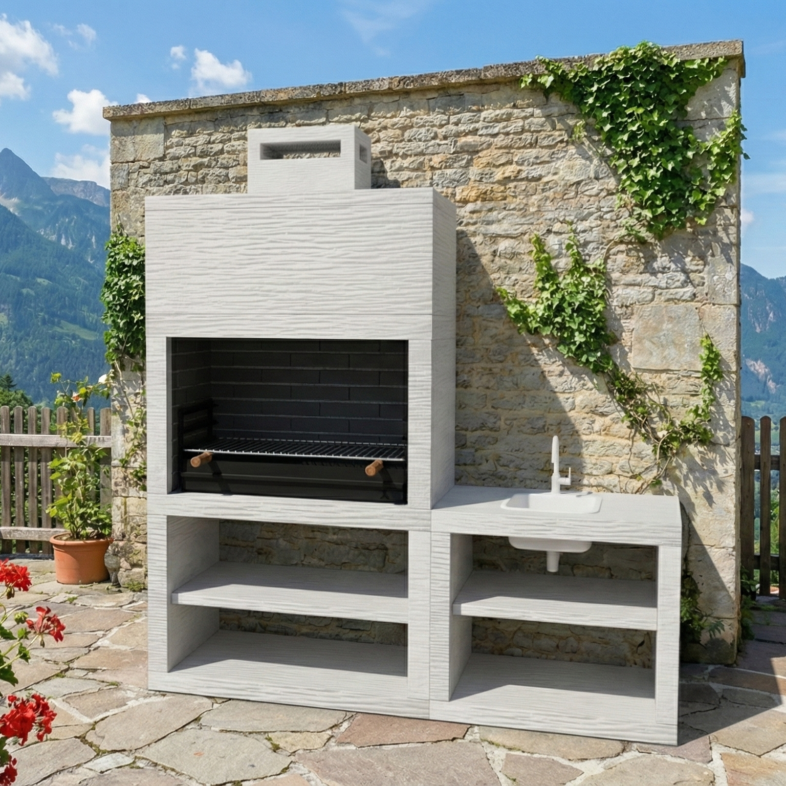 Línea 42 – Cocina exterior moderna 200 cm (4 colores) – asador de acero 80 cm, fregadero opcional
