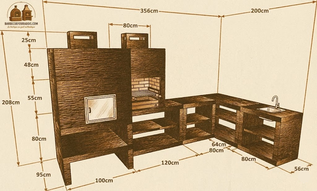Línea 55F – Cocina exterior angular modular con horno de Ø80 cm y parrilla de 60 cm (fregadero opcional)