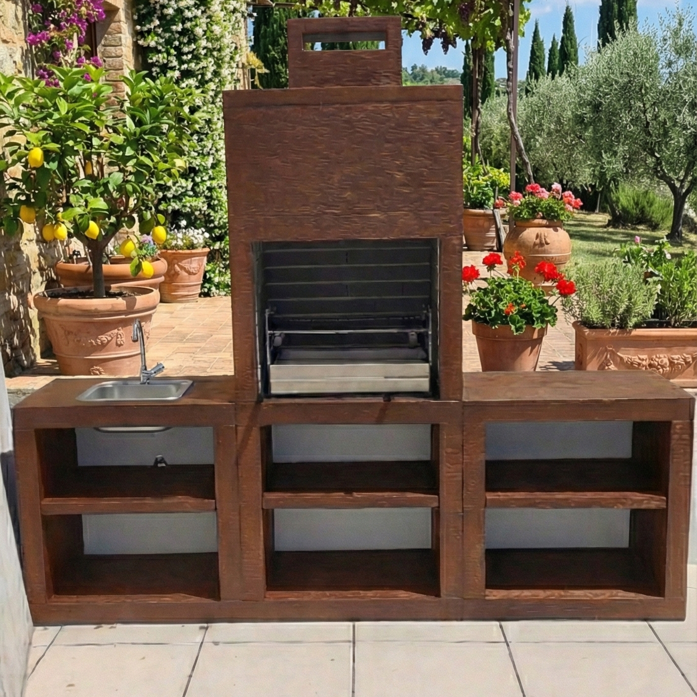 Línea 60 – Cocina exterior moderna de 240 cm (2 módulos) – parrilla de acero de 60 cm, fregadero opcional