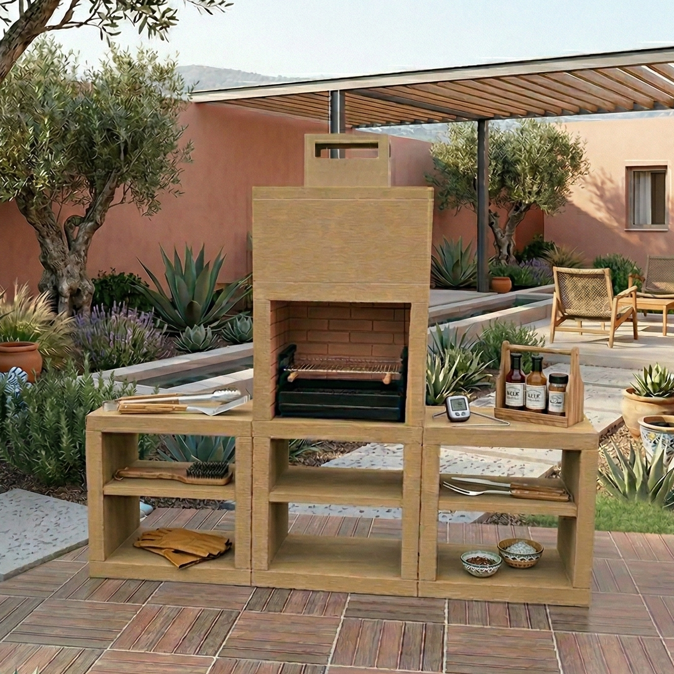 Línea 60 – Cocina exterior moderna de 240 cm (2 módulos) – parrilla de acero de 60 cm, fregadero opcional