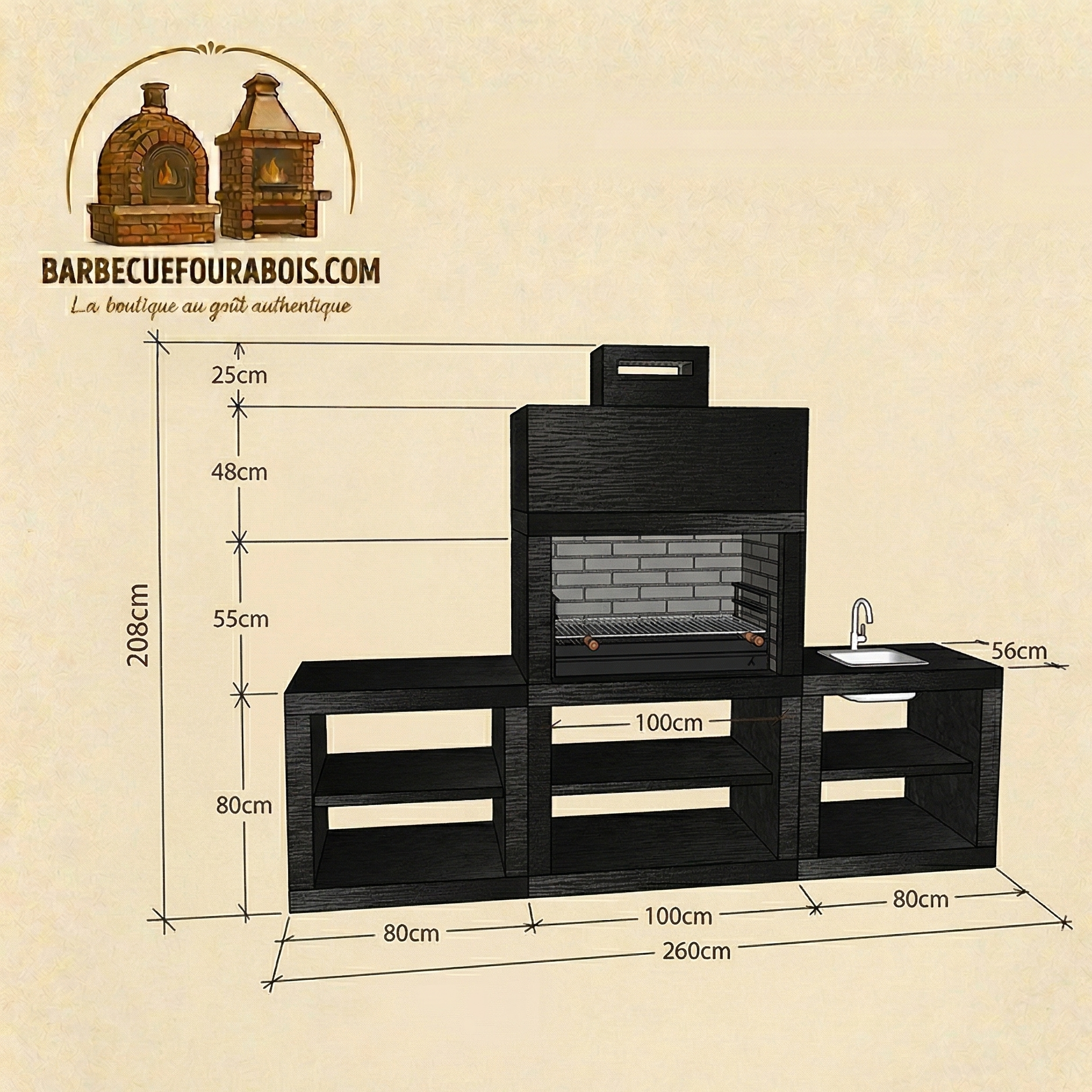 Línea 61 – Barbacoa moderna con fregadero – parrilla 80 cm – 260×56 cm