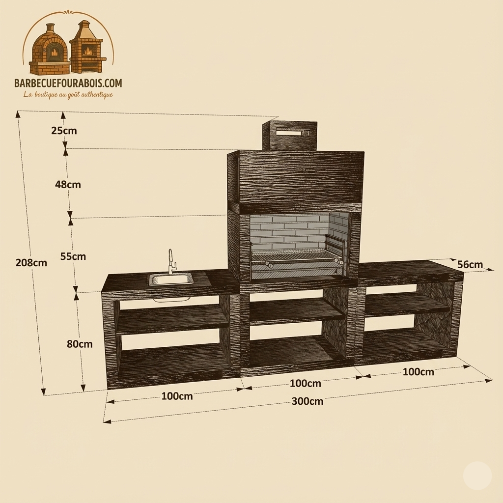 Línea 64 – Cocina exterior moderna 300 cm (2 módulos) – asador de acero 80 cm, fregadero opcional