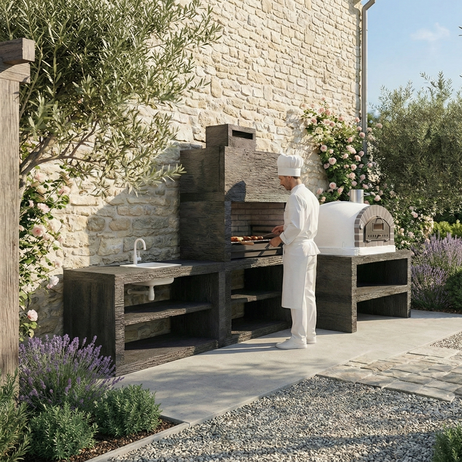 Línea 71F – Cocina exterior modular con parrilla 80 cm + banco para horno 100×100 (fregadero opcional)