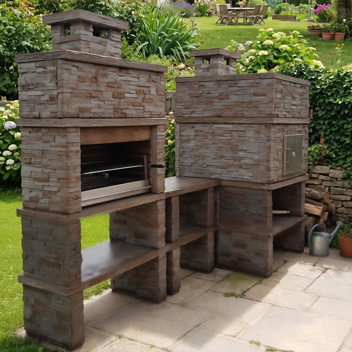 Montara 41 Four 80 – Barbacoa de piedra imitación pizarra con parrilla de 80 cm, horno de leña y fregadero de acero inoxidable