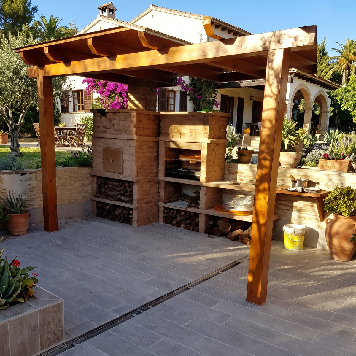 Montara 41 Four 80 – Barbacoa de piedra imitación pizarra con parrilla de 80 cm, horno de leña y fregadero de acero inoxidable