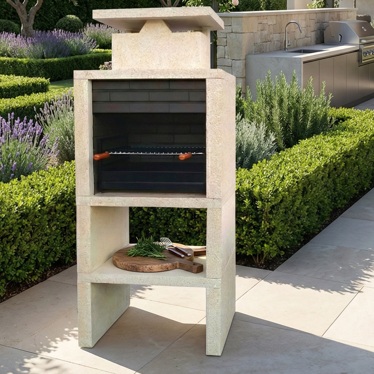 Nexa 601 – Barbacoa moderna piedra amarilla, ladrillos a elegir, parrilla 60×40 cm