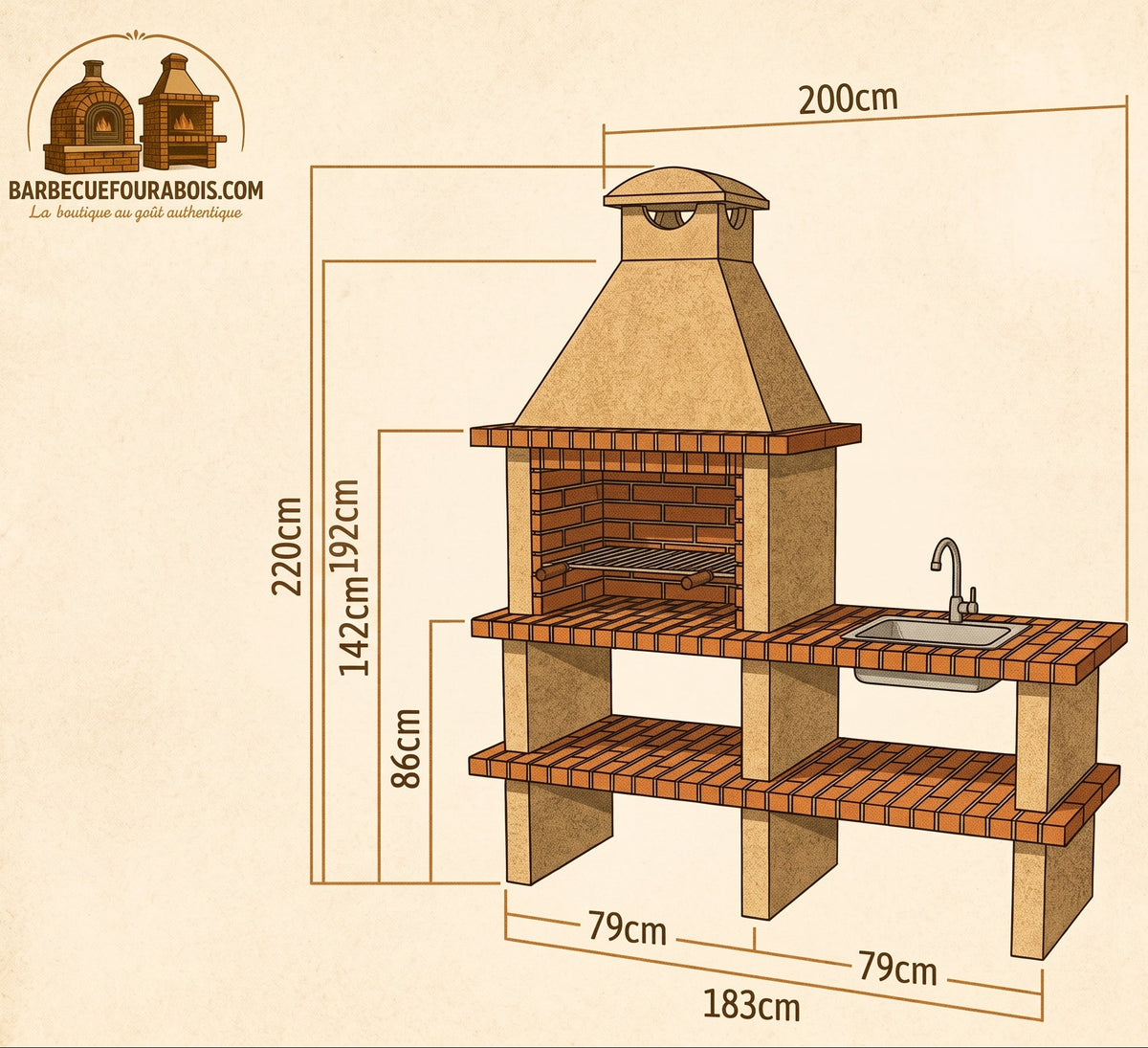Terra 42 – Reconstituted stone barbecue with 80 cm grill and choice of sink