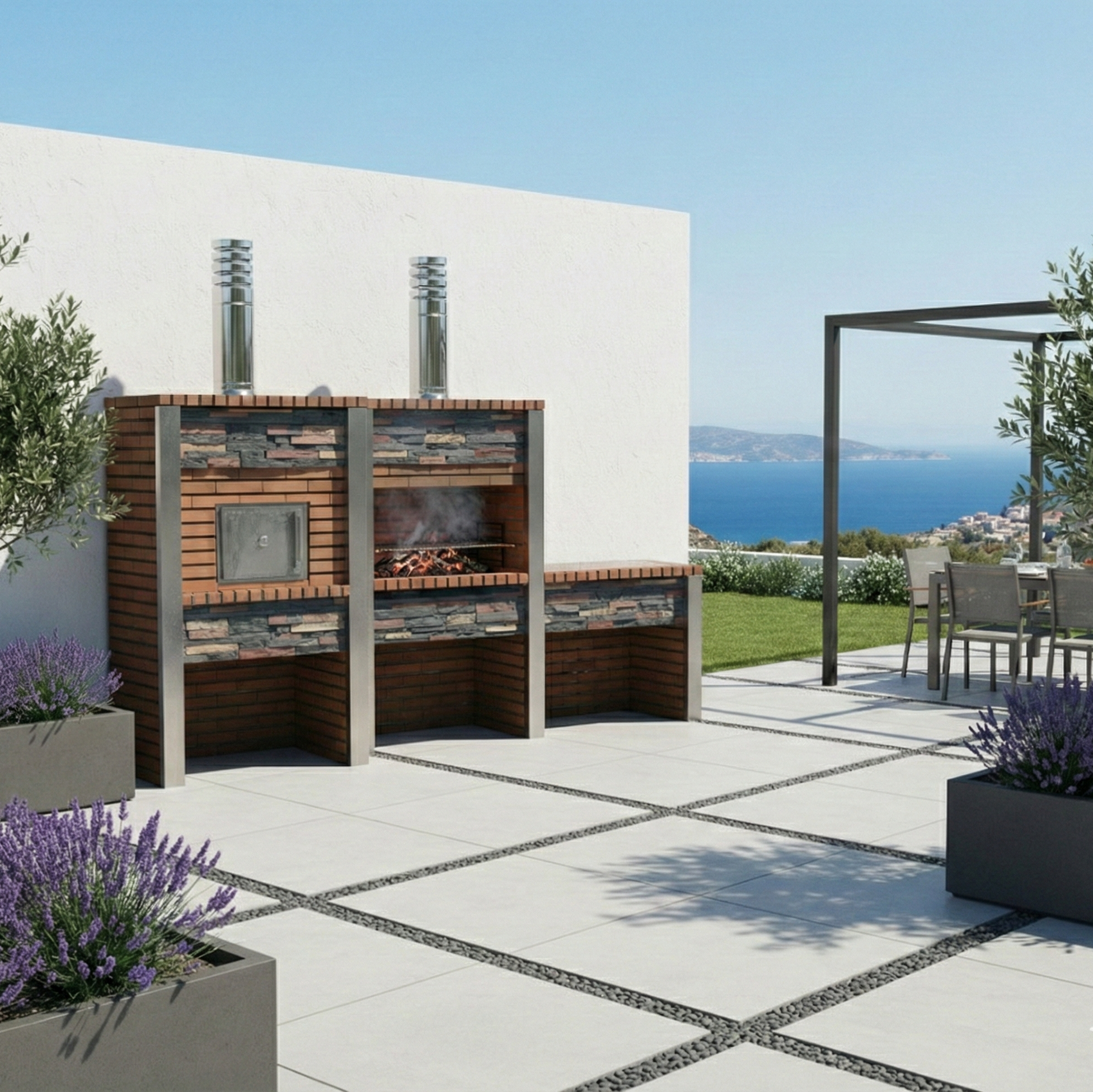Inoxa 307 – Cocina exterior premium de piedra reconstituida con horno Ø75 cm + barbacoa 80×38 y encimera de gres
