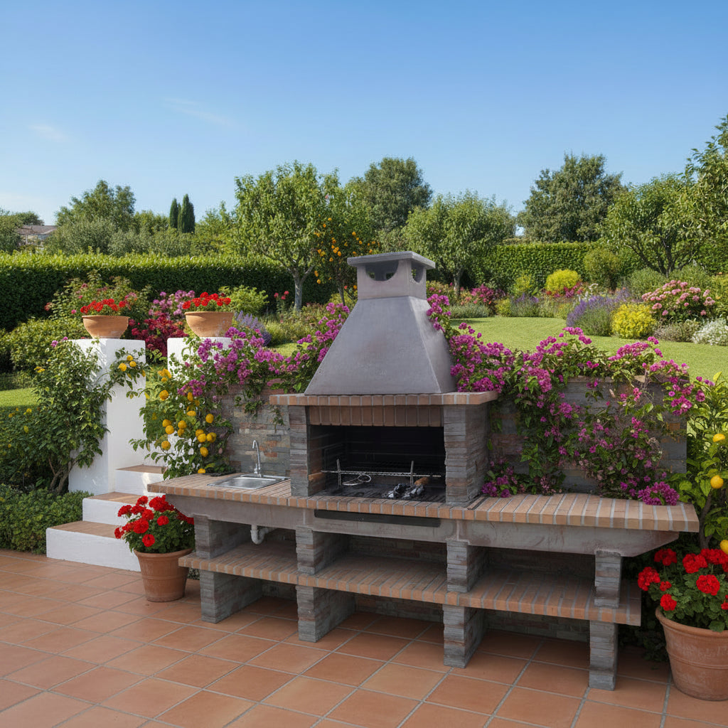 Basalto 480 – Barbacoa de piedra reconstruida imitación pizarra con mesa grande + encimera – Parrilla de 80 cm (Gris o Marrón) – Fregadero de acero inoxidable opcional