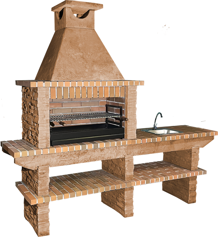 Basalto 380 – Barbacoa de piedra reconstituida de esquisto con extensión – Parrilla 80 cm (Gris o Marrón) – Fregadero de acero inoxidable opcional