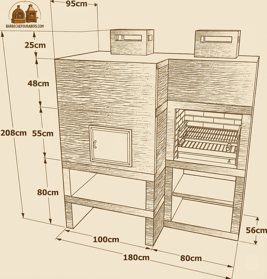 Línea 10F – Barbacoa moderna + Horno de leña Ø80 cm (parrilla de acero de 60 cm incluida)