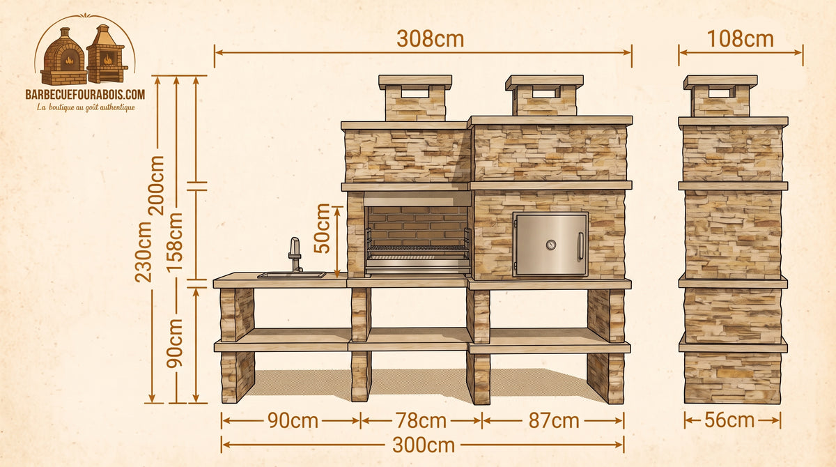Montara 41 Four 80 – Barbacoa de piedra imitación pizarra con parrilla de 80 cm, horno de leña y fregadero de acero inoxidable