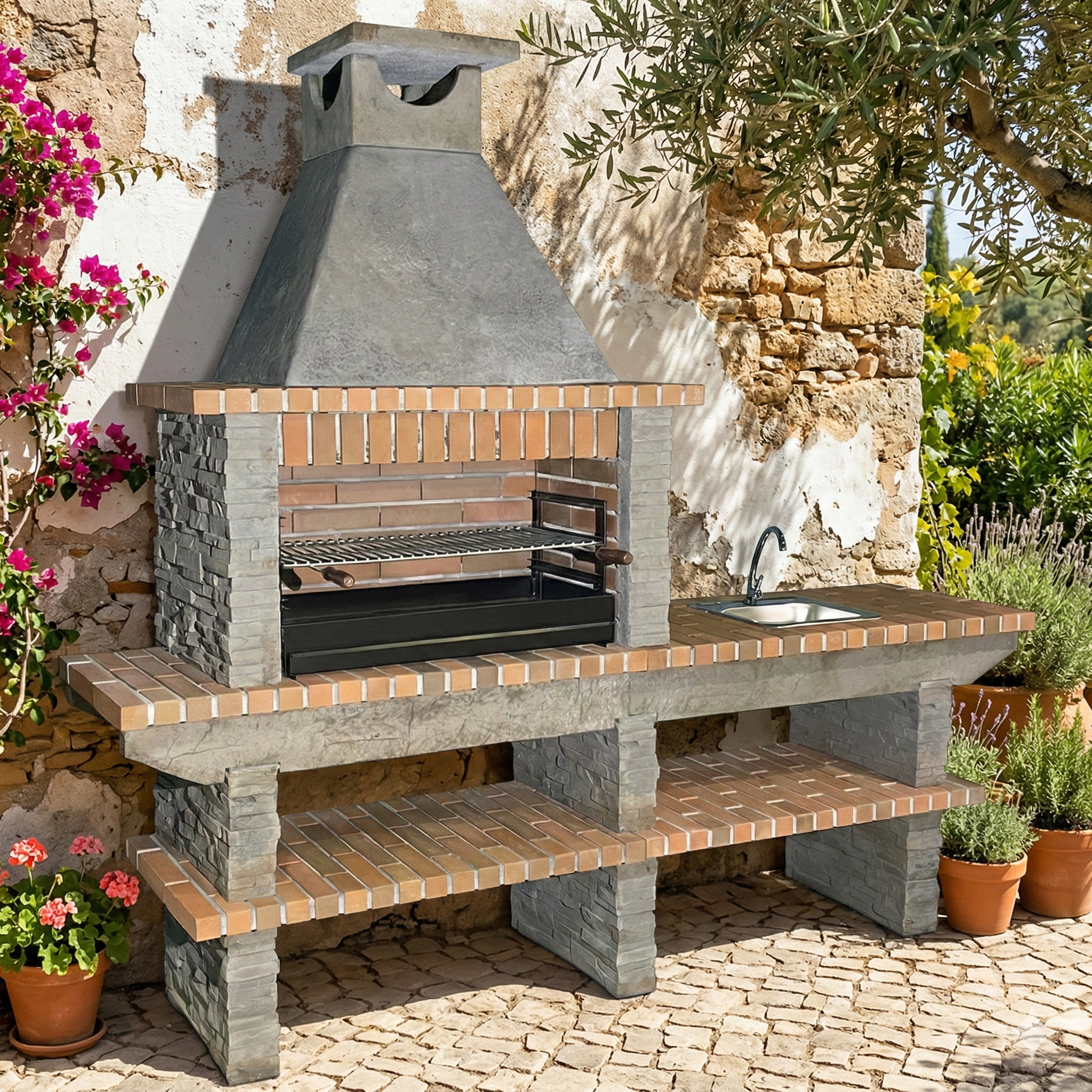 Basalto 380 – Barbacoa de piedra reconstituida de esquisto con extensión – Parrilla 80 cm (Gris o Marrón) – Fregadero de acero inoxidable opcional