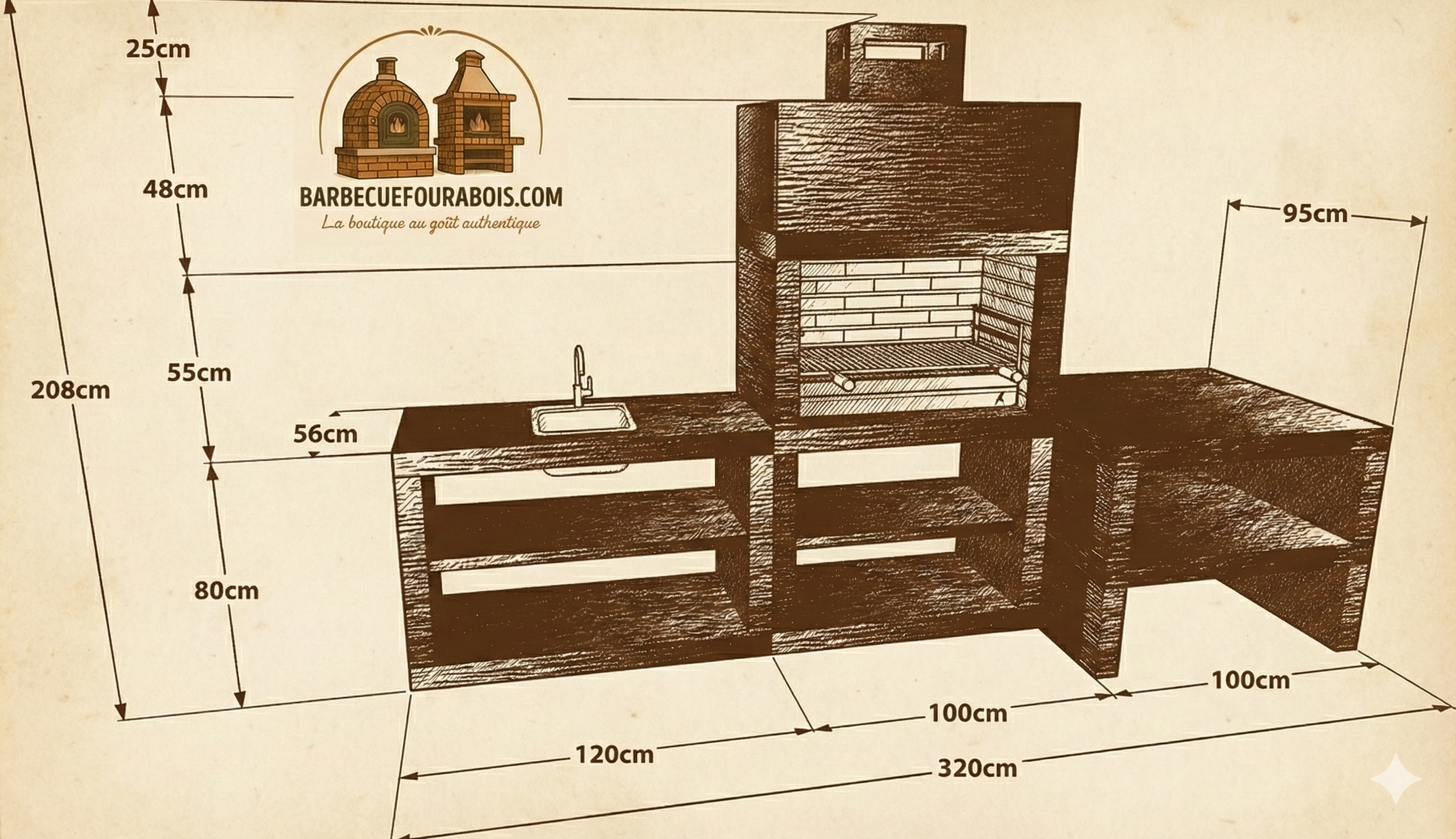 Línea 71F – Cocina exterior modular con parrilla 80 cm + banco para horno 100×100 (fregadero opcional)