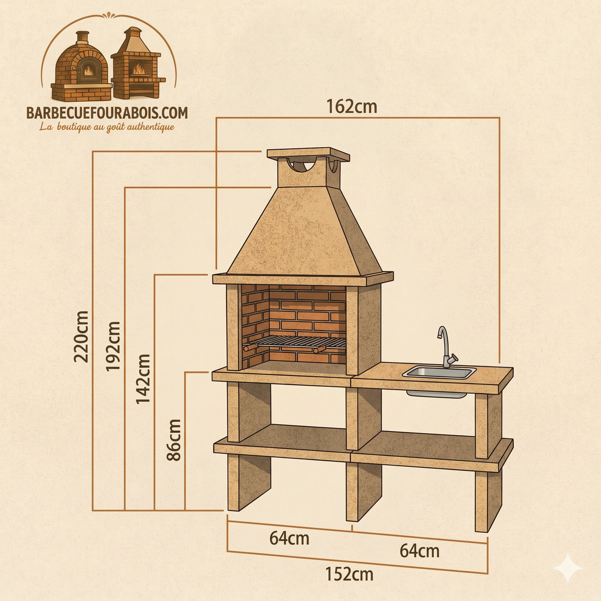 Terra 40 – Reconstituted stone barbecue with 60 cm grill and worktop (stainless steel optional)