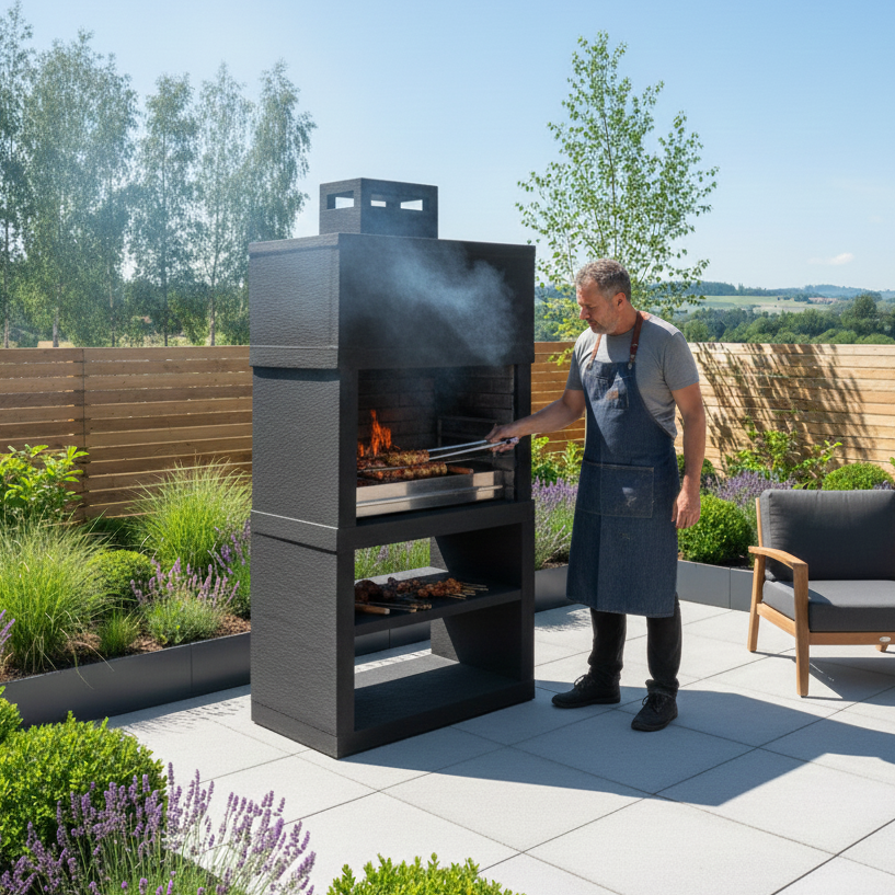 Línea 25 – Barbacoa moderna de diseño (4 colores) con parrilla de acero de 80 cm incluida